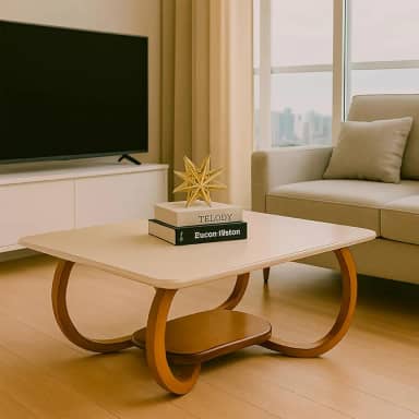 Mesa De Centro Tampo De Vidro Laqueado Base Madeira - Gaia (Off White)