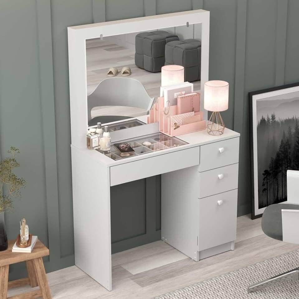 Penteadeira Ditália 4 Gavetas c/tampo de vidro Pe-120 Cor:branco