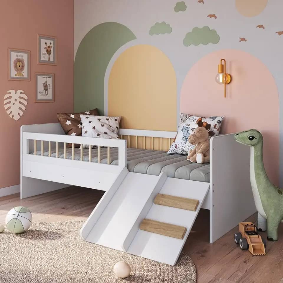 Cama Infantil Montessoriana de Solteiro Menino Menina 193cm com Escada, Escorregador e Grade de Proteção