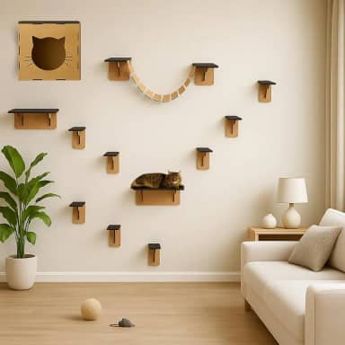 BOXFAN Playground para Gatos 12 Peças Parquinho para Gato Ponte Nichos e Prateleiras Escada Toca Casinha Diversão Felina Antiestresse Mdf Circuito Suspenso de Parede