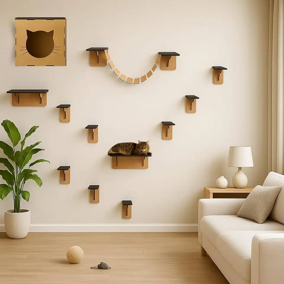 BOXFAN Playground para Gatos 12 Peças Parquinho para Gato Ponte Nichos e Prateleiras Escada Toca Casinha Diversão Felina Antiestresse Mdf Circuito Suspenso de Parede