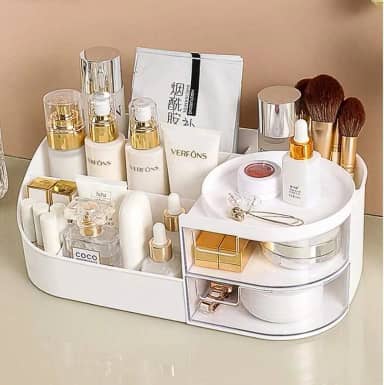 Organizador de Cosméticos Mesa Multiuso Multifuncional com Gavetas Porta Lápis Perfumes Maquiagem Case Make Penteadeira Banheiro Escritório Quarto Moderno Funcional Acrílico Premium -Branco