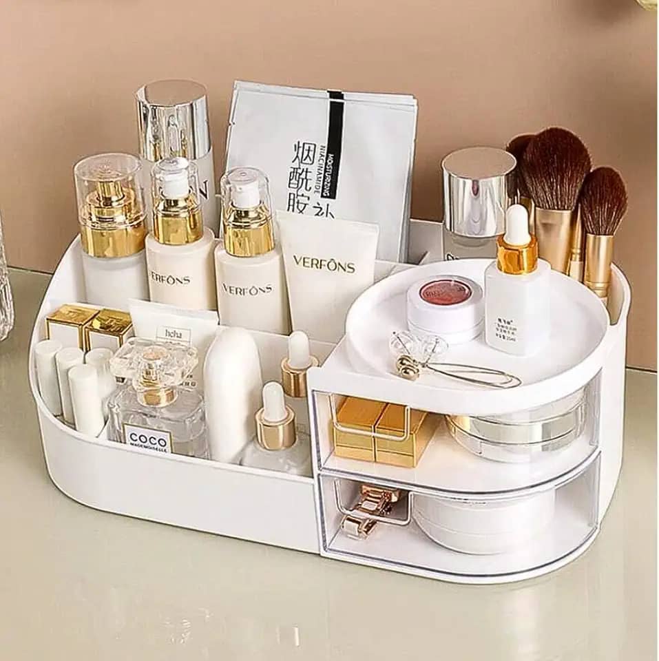 Organizador de Cosméticos Mesa Multiuso Multifuncional com Gavetas Porta Lápis Perfumes Maquiagem Case Make Penteadeira Banheiro Escritório Quarto Moderno Funcional Acrílico Premium -Branco