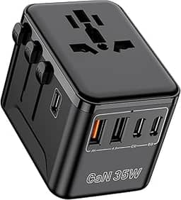 Carregador de Viagem Universal com 3 USB-C + 2 USB-A, Adaptador para 180+ Países, 35W, Preto - Compatível com PD/QC/PPS, 6 Dispositivos Simultâneos