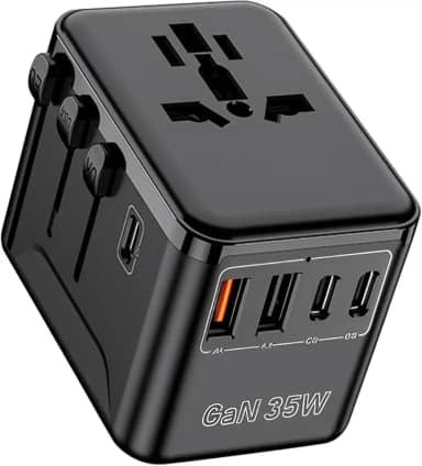 Carregador de Viagem Universal com 3 USB-C + 2 USB-A, Adaptador para 180+ Países, 35W, Preto - Compatível com PD/QC/PPS, 6 Dispositivos Simultâneos