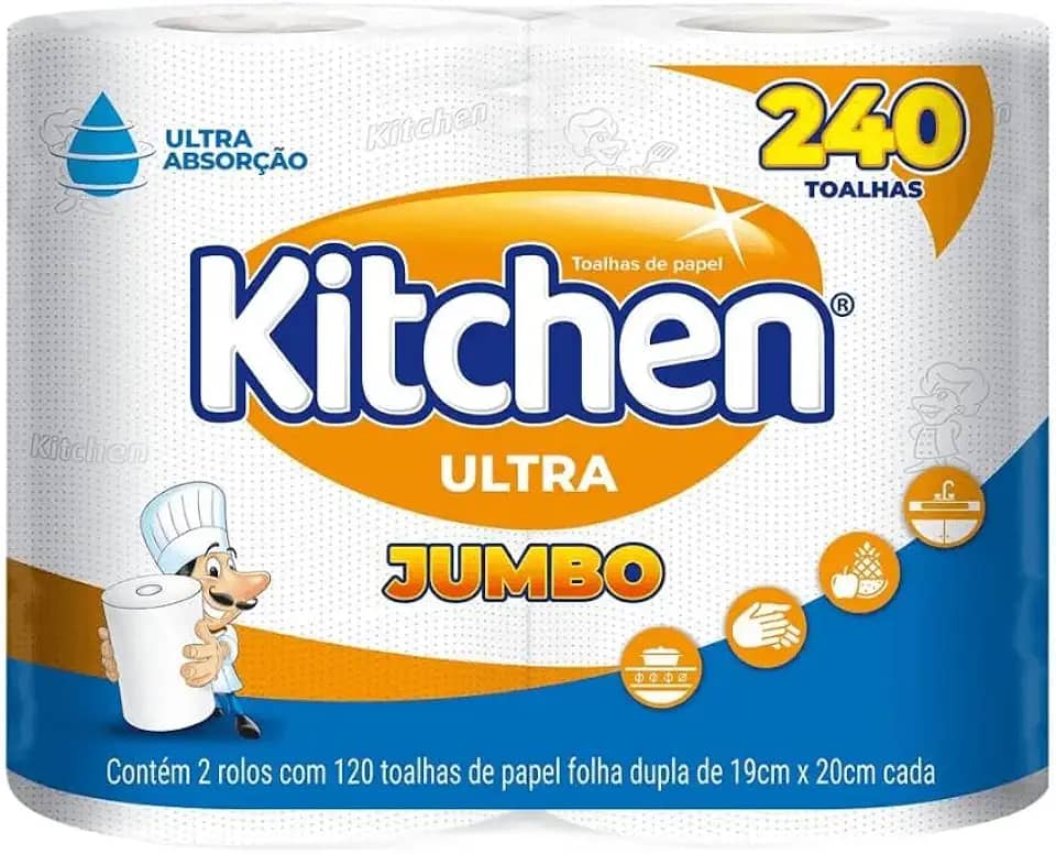 Papel Toalha Kitchen Jumbo Folha Dupla - Pack com 2 rolos de 120 unidades de 19x22 cm cada, Branco