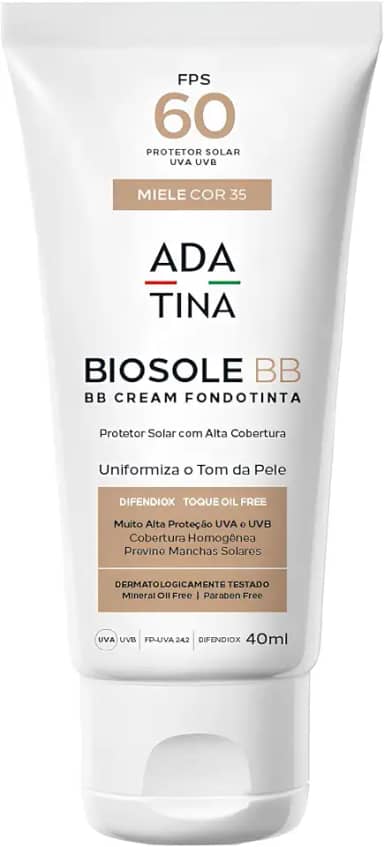 Ada Tina Protetor Solar Facial com Cor Biosole BB FPS 60 40ml | Cor 35 Mielle | Alta Cobertura | Toque Seco | Uniformiza o Tom de Pele | Anti-Manchas | Antioxidante | 12 Horas de Proteção Solar