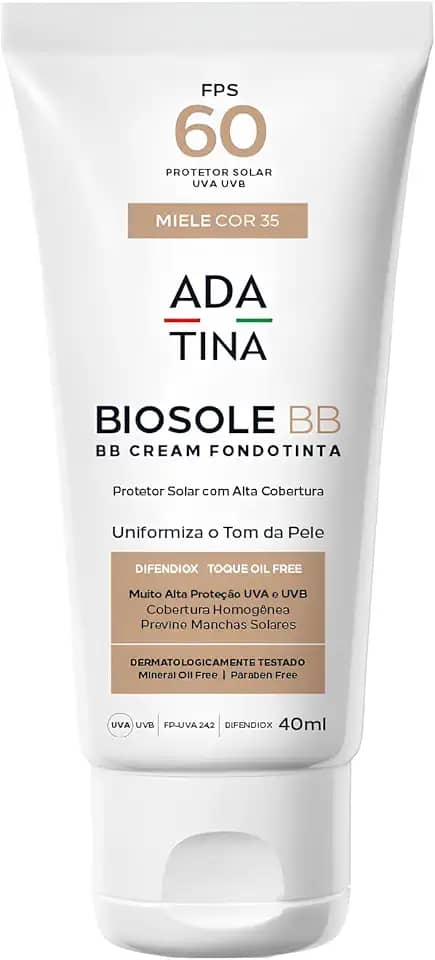 Ada Tina Protetor Solar Facial com Cor Biosole BB FPS 60 40ml | Cor 35 Mielle | Alta Cobertura | Toque Seco | Uniformiza o Tom de Pele | Anti-Manchas | Antioxidante | 12 Horas de Proteção Solar