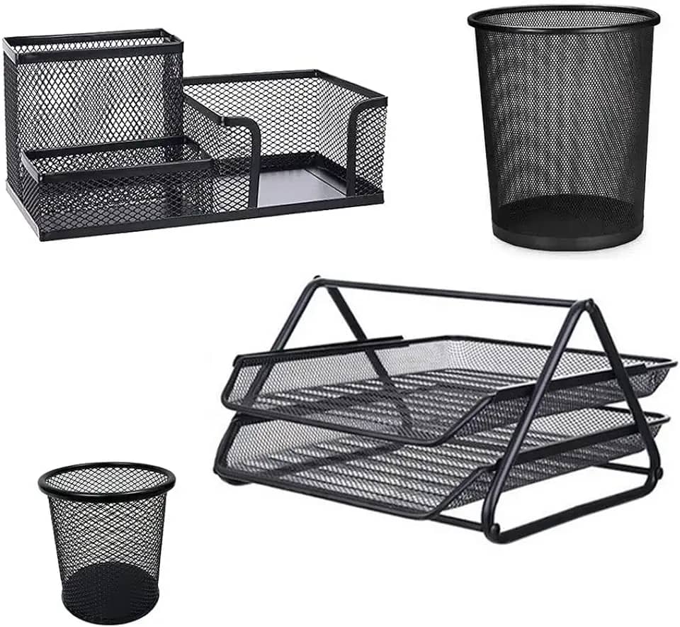 Kit Escritorio Organizador 4 Itens Bandeja Lixeira Porta Lapis Documento Trabalho Empresa Escrivaninha Mesa Home Office Organizaçao