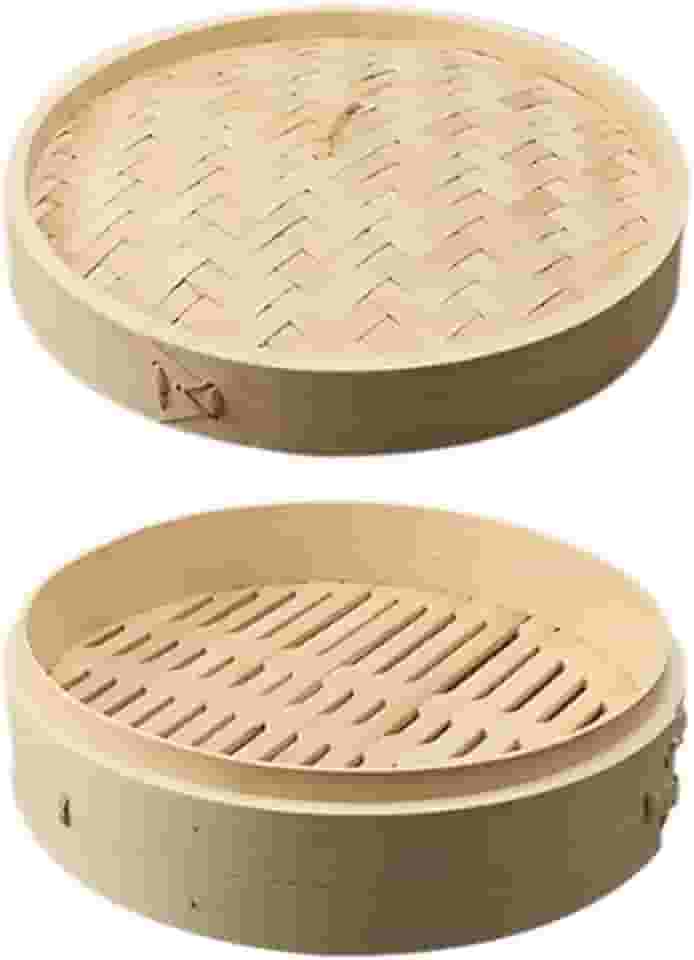 KiBcsLic Cesta de vapor de bambu com tampa, multifuncional, para cozinhar, chinesa, asiática, bolinhos de massa, para vegetais, sobremesas, cozimento a vapor, 27cm