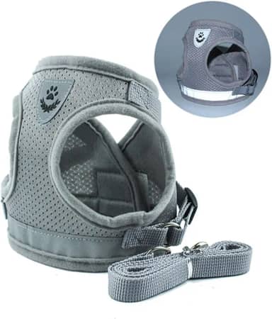 Coleira Peitoral para Cachorros e Gatos com Colete Reflexivo Regulável e Guia de Passeio (Cinza, P)