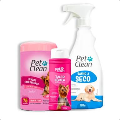 KIT Banho a Seco 500ml + Talco Fêmea 100g + Lenço Umedecido Fêmea 75 unid Pet Clean Para Cães e Gatos