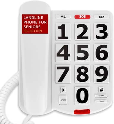 Uvital Telefone de botão grande para idosos, telefone fixo para idosos com botões grandes, 3 teclas de discagem rápida de um toque, toque visual, volume ajustável, ideal para usuários com deficiência