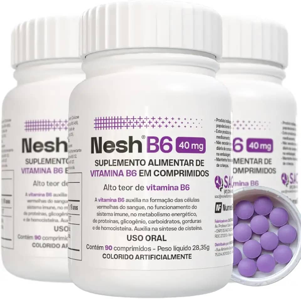 Nesh B6 40mg - Vitamina B6 - Suplemento de Piridoxina - Kit com 3 frascos - 270 comprimidos