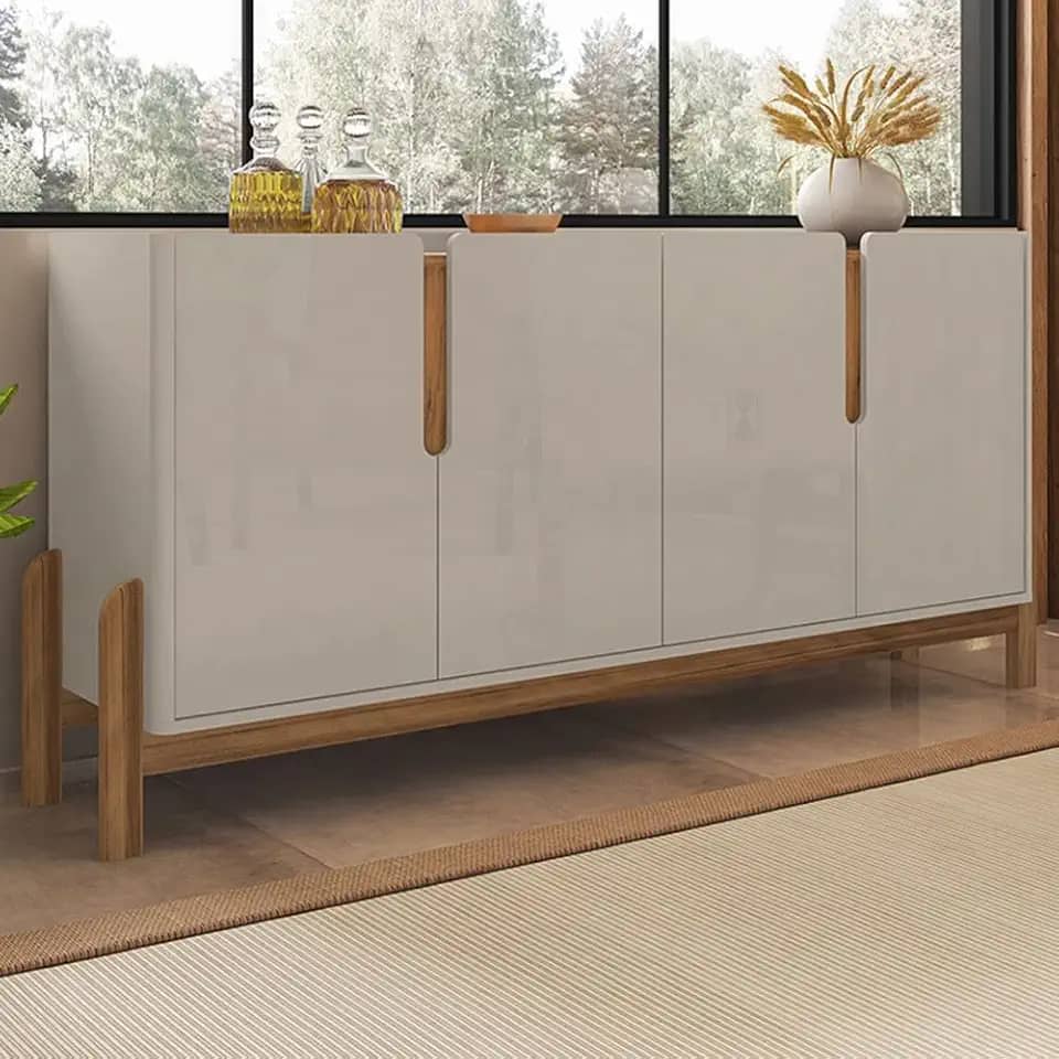 Aparador Buffet Sala Lizz 170cm com Pés de Madeira Maciça Off White/cedro