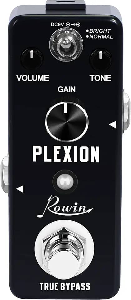 Rowin Pedal de distorção Plexion para guitarra e baixo com modo brilhante e normal True Bypass