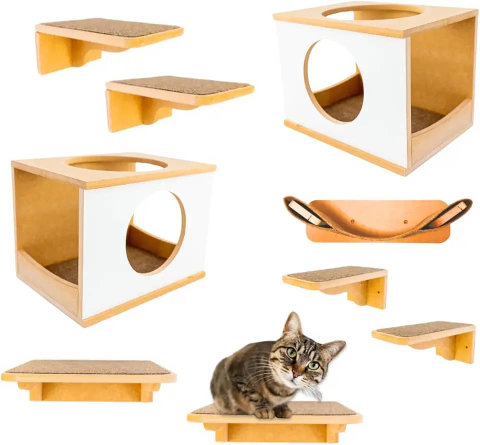 Playground Para Gatos 9Pçs Premium Resistente Já Montado Com Kit Fixação e Rede (PRETO) (Branco)