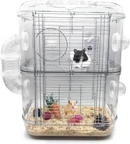 Gaiola para Hamster Dupla Camada Transparente com Túnel, Banheiro, Roda e Alça - Habitat para Roedores 42x31x26 cm