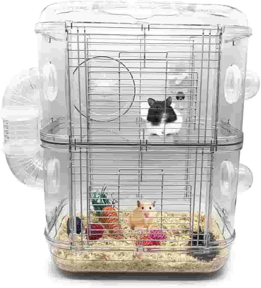 Gaiola para Hamster Dupla Camada Transparente com Túnel, Banheiro, Roda e Alça - Habitat para Roedores 42x31x26 cm