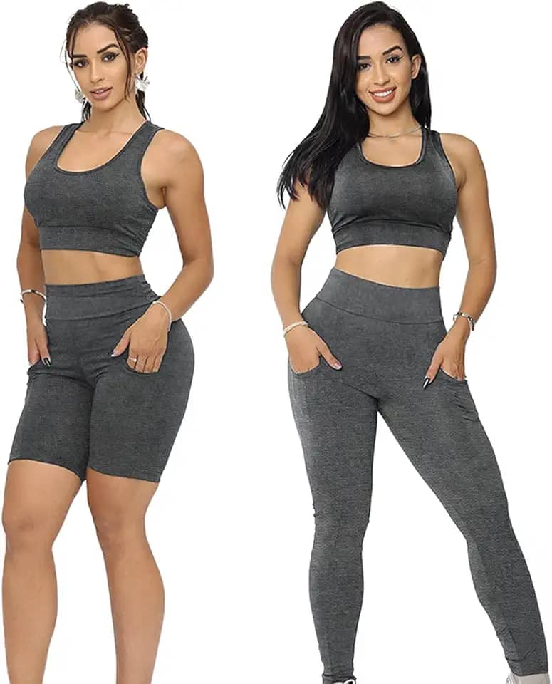 Conjunto 3 Pçs Academia Calça Legging Top E Bermuda Fitness