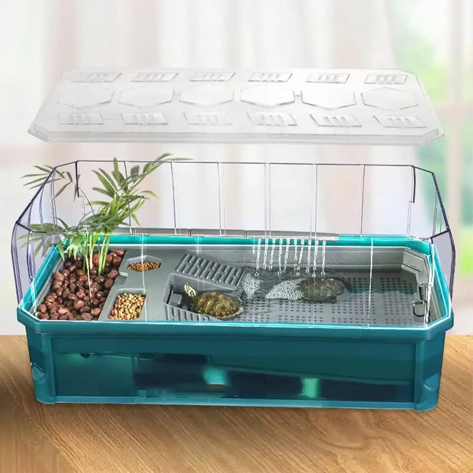 Kit de habitat para tanque de tartaruga - Tanque único verde médio com capa antiescape, cerca transparente removível e plataforma de frade
