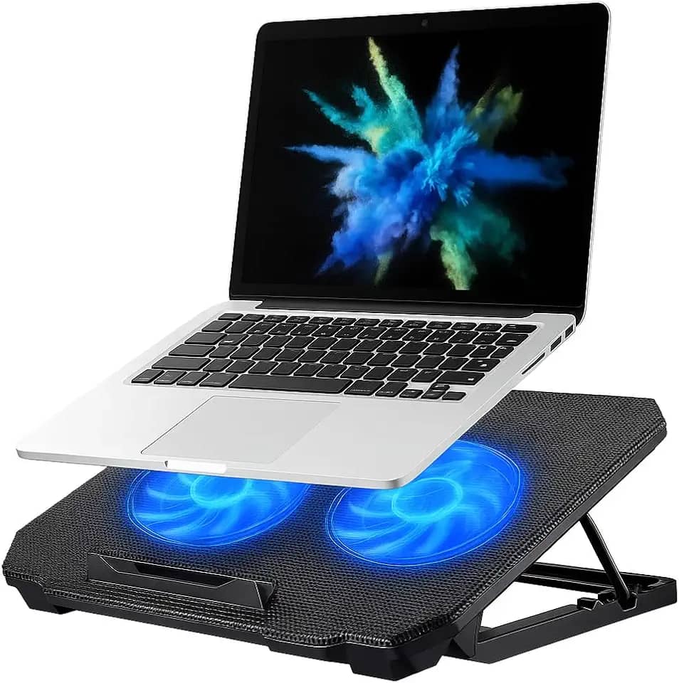 Suporte Para Notebook Com Cooler Duplo Silencioso Com 8 Níveis de Ajuste Ergonômico, Saída USB Adicional e Iluminação Interna Base Para Notebook de Até 17 Polegadas