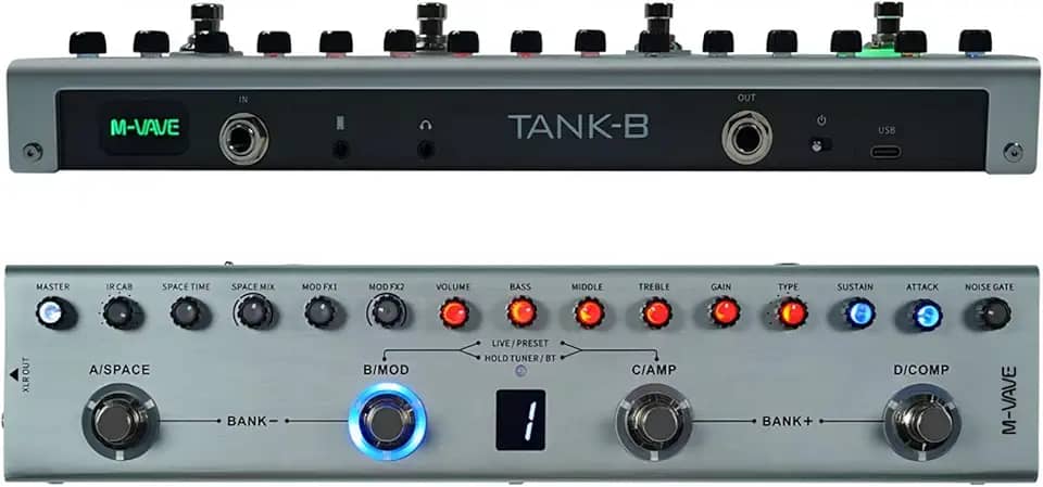 KINGSTER Tank-B Pedal de Multiefeitos para Baixo: 36 Predefinições, 9 Simulações de Amplificador, Bluetooth, Gravação Interna, Bateria Recarregável e 8 IRs para Músicos Brasileiros