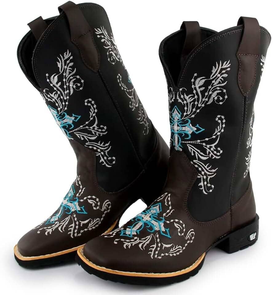 Bota Texana Feminina Couro Country Bico Quadrado Café Azul 10000
