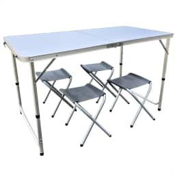 Mesa Dobrável Maleta de Camping com 4 Bancos, 120 x 60 cm, Alumínio, Portátil Mesa Praia para Piquenique e Exterior