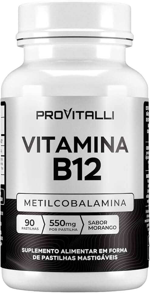 Vitamina B12 Metilcobalamina 90 Comprimidos Mastigáveis | Provitalli | Alta Absorção e Biodisponibilidade | Suporte para Energia, Foco e Sistema Imunológico | 550mg 9,94mgc | Sabor Morango