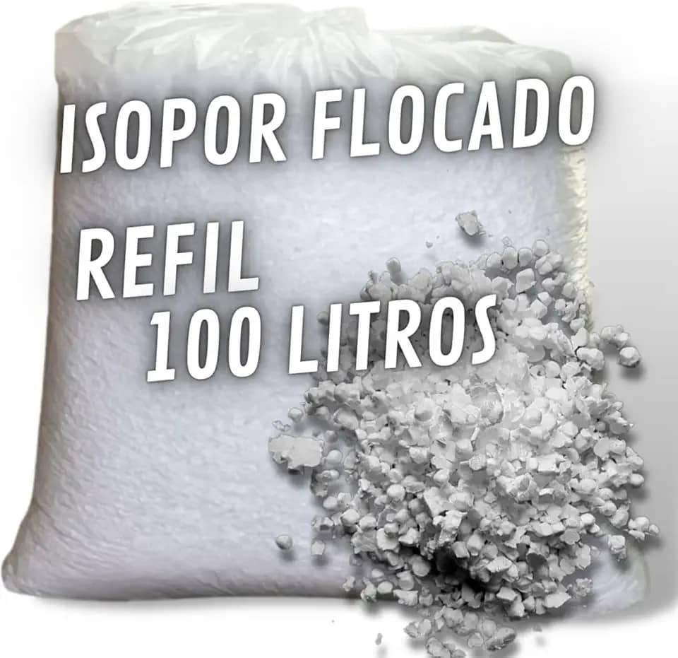 Refil de Isopor Flocado 100 litros para Enchimento de Puffs Almofadas Bichos de Pelúcia Artesanato Mistura na Fórmula de Concreto Leve e preenchimento interno de caixas p/proteção de objetos frágeis