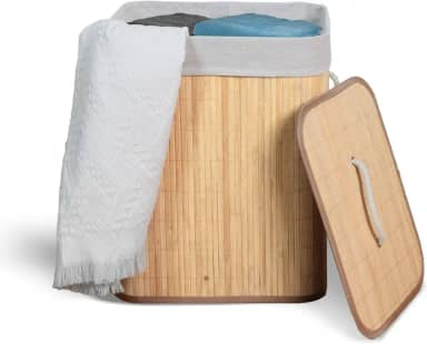 KONTUZ Cesto de Roupa Suja Em Bambu Dobrável Com Tampa Forrado Banheiro Lavanderia