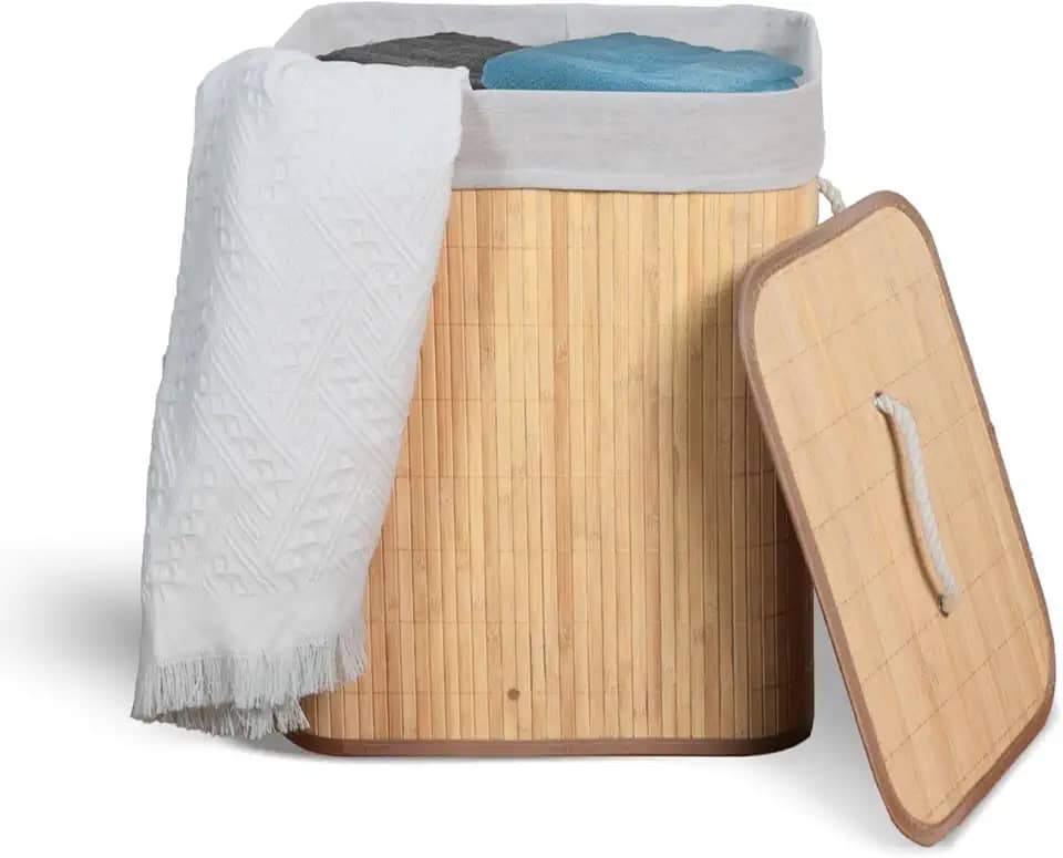 KONTUZ Cesto de Roupa Suja Em Bambu Dobrável Com Tampa Forrado Banheiro Lavanderia