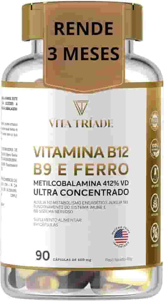 Vitamina b12 Metilcobalamina 412% 9,9mcg + Acido Fólico 150% + ferro 100% - 90 Cáps - Vita Tríade
