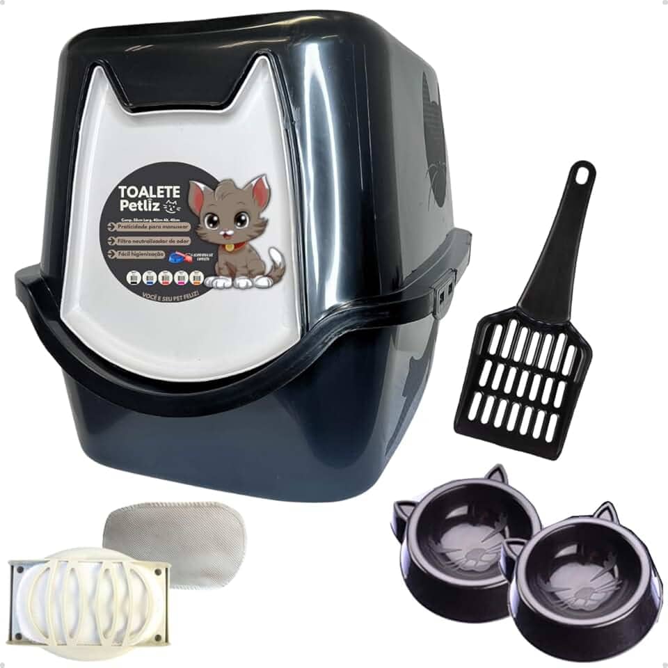 Caixa de areia para Gatos Toalete Black Petliz Banheiro Bandeja Sanitário Higiênico Facil Limpeza com Comedouros e Pá