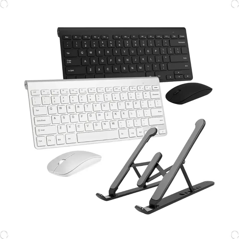 Kit Teclado e Mouse Sem Fio com Suporte Ajustável para Notebook 2.4G USB, Slim Ergonômico e Portátil Conforto e Produtividade para Home Office e Estudos Enviado na Cor Prata ou Preto