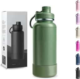 Garrafa Térmica 1000ML - Duplamente Isolada a Vácuo, Aço Inox 304, Capa Protetora da Base de Silicone, Mantém Bebidas Gelada 24 horas e Quente 12 horas (Verde Militar Wide)