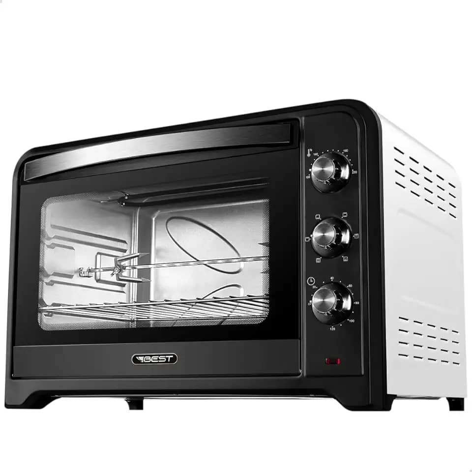 Forno Elétrico 70L Best Plus – Assados Perfeitos com Espeto Rotisserie, Função Grill e 6 Modos de Cozimento (Preto e Branco, 220V)