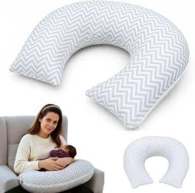 Almofada de Amamentação Travesseiro Capa Removível e Lavável 100% Algodão Macio Firme Grande Apoio Braço Monolo (Cinza Chevron)