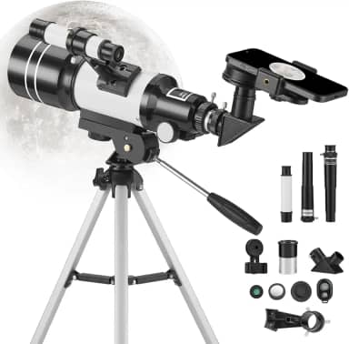 LuxLam Telescópio para adultos e crianças, refrator com abertura de 70 mm (15X-150X), telescópio portátil para viagem com adaptador para celular e controle remoto sem fio