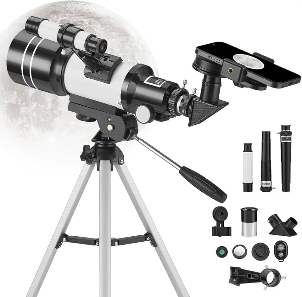 LuxLam Telescópio para adultos e crianças, refrator com abertura de 70 mm (15X-150X), telescópio portátil para viagem com adaptador para celular e controle remoto sem fio