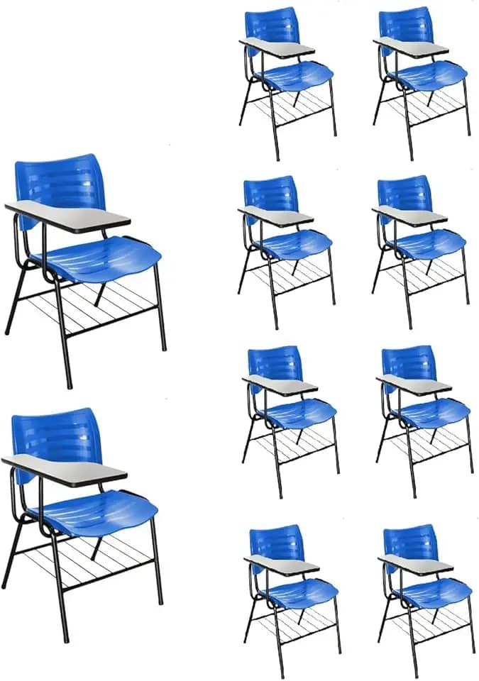 KIT 10 Cadeiras Universitárias Escolar Azul com porta livros