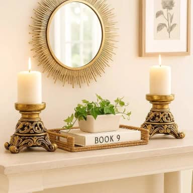 Castiçais Decorativos Conjunto de 2, Base Ornamentada Dourada, Estilo Barroco, para Velas Cilíndricas alto elegante para mesa de jantar decoração de vela de casamento