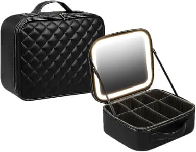 Maleta Bolsa Organizadora de Maquiagem com Espelho LED + Porta Pinceis PRETA Portátil Para Viagem Necessaire Em Couro X-Matte