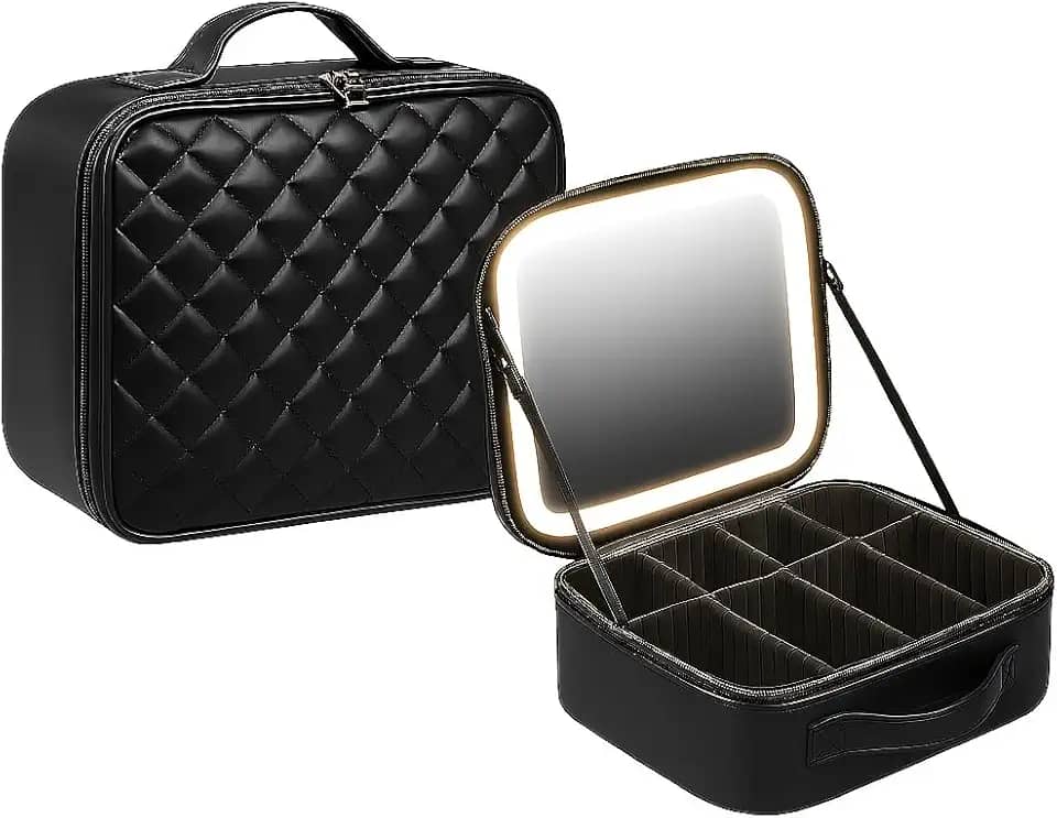 Maleta Bolsa Organizadora de Maquiagem com Espelho LED + Porta Pinceis PRETA Portátil Para Viagem Necessaire Em Couro X-Matte