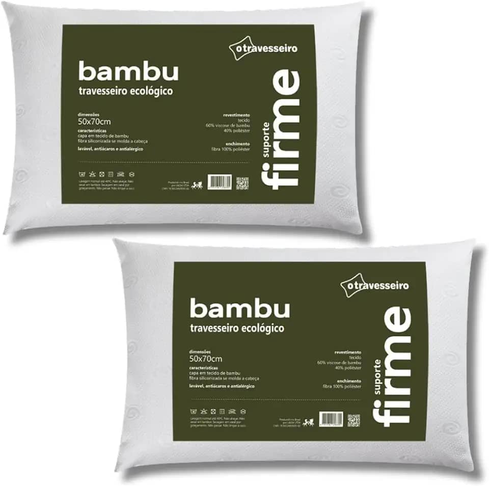 Kit 2 Travesseiros Firme Fibra de Bambu, 50x70cm, Fibra Siliconada, Antialérgico, Branco