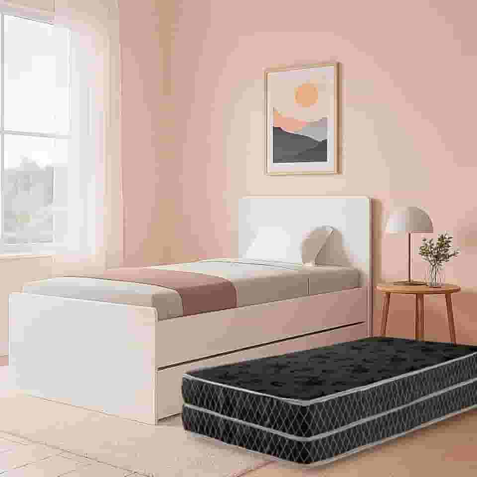 Bicama de Solteiro Premium MDF com Cama Auxiliar Deslizante e 2 Colchões D20 Inclusos Para Espaços Compactos
