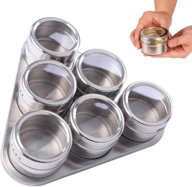 Porta Condimentos Temperos Magnético com 6 Potes e Suporte Inox Triangular– Organizadores de Temperos com Visor, Ideal para Cozinha Moderna