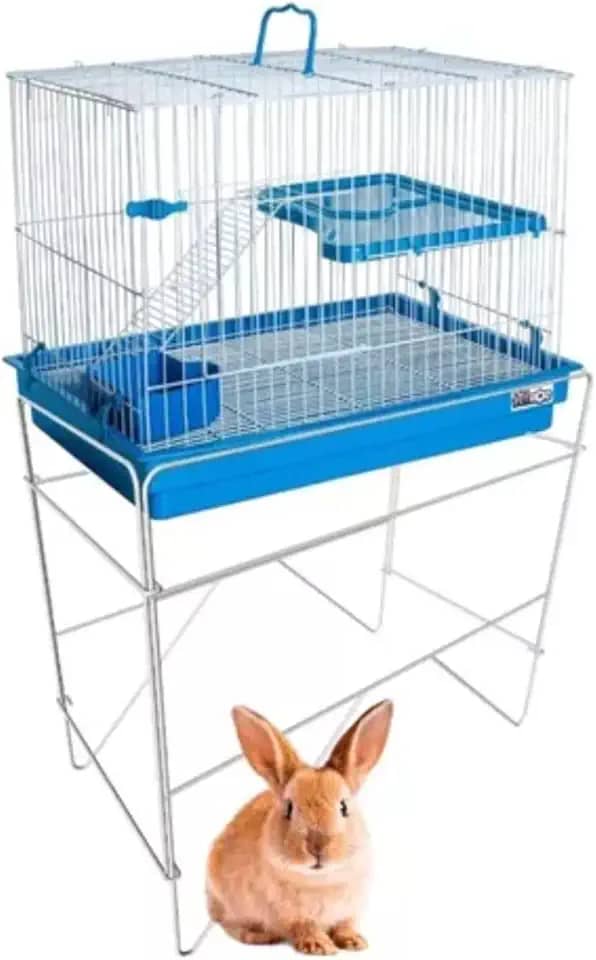 Gaiola Coelho com Andar e Suporte – Ideal para Coelhos e Pequenos Roedores (Azul)