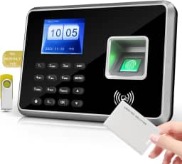 JIAN BOLAND Relógio de ponto A2 para funcionários de pequenas empresas, relógio biométrico RFID e PIN, com 5 emblemas e unidade USB (0 taxas mensais)